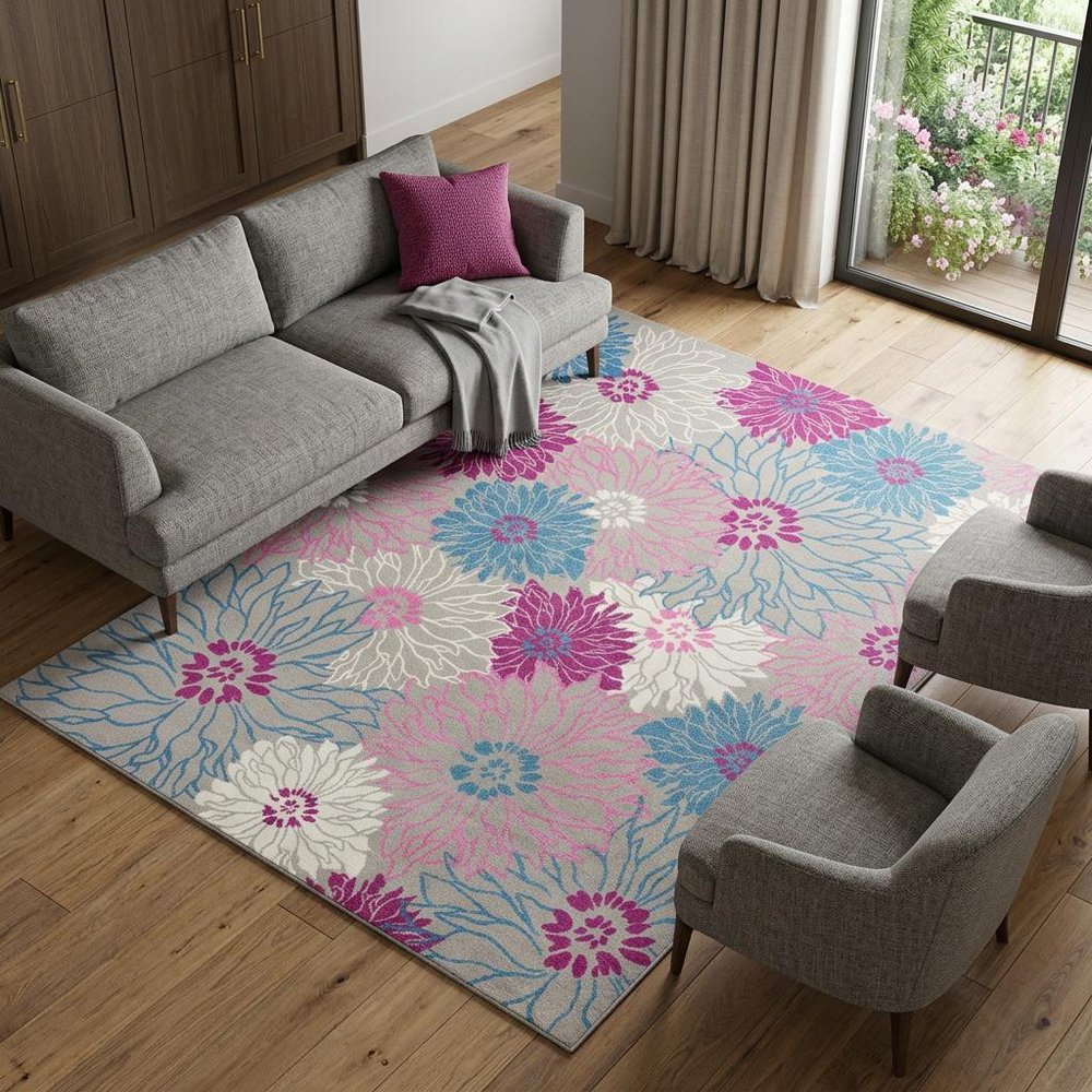9' X 12' Blue Floral Power Loom Area Rug