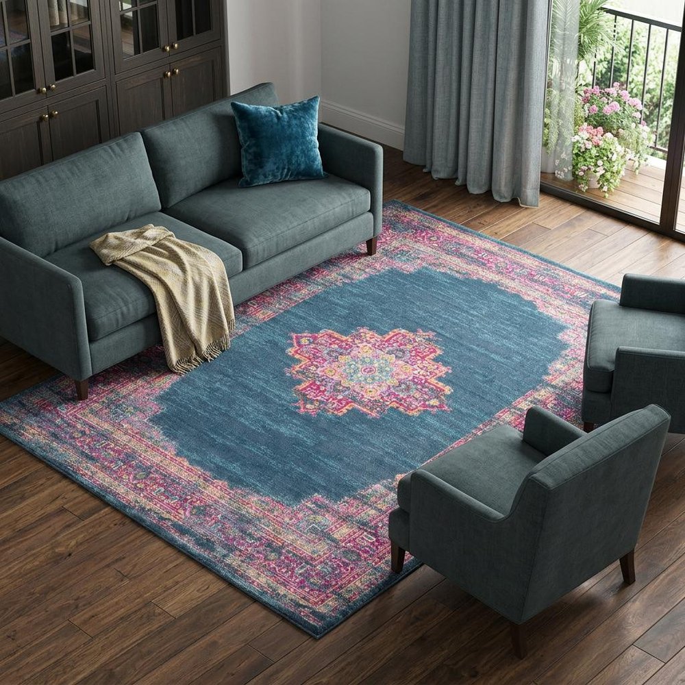 9' X 12' Blue Floral Power Loom Area Rug