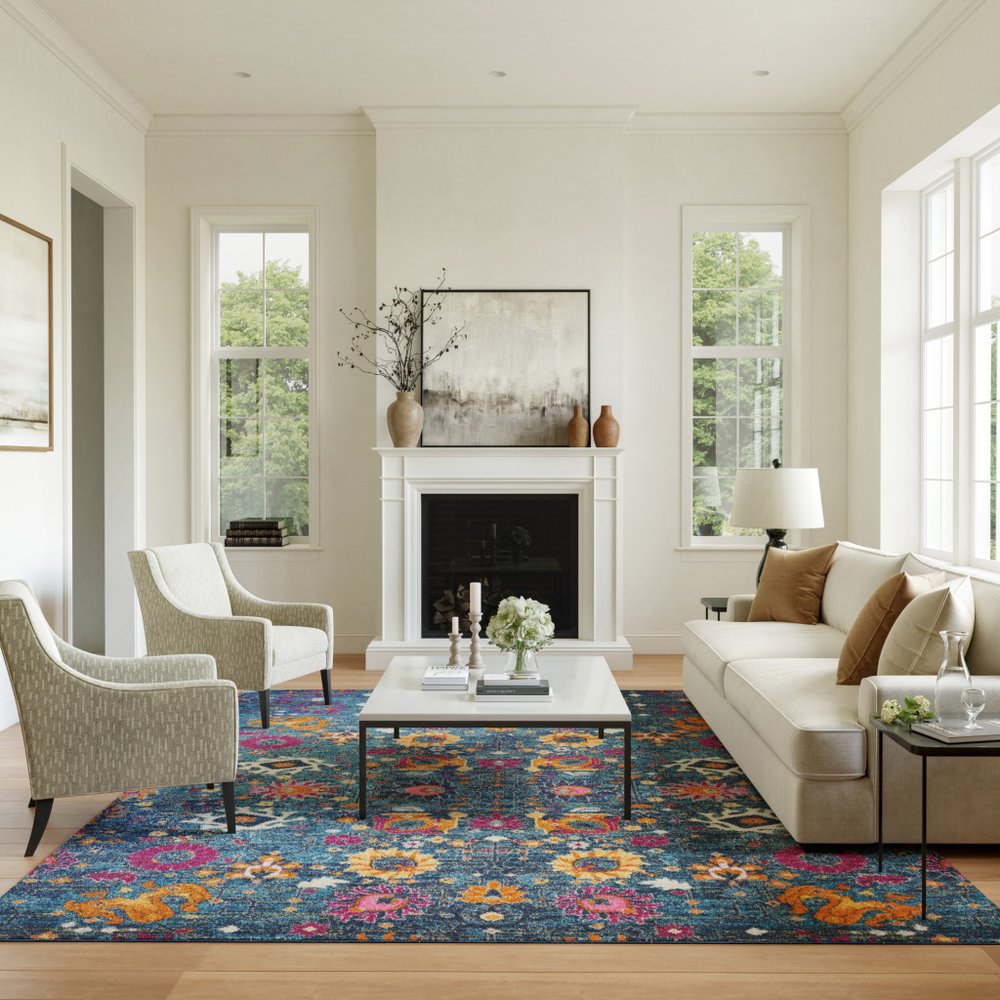9' X 12' Blue Floral Power Loom Area Rug