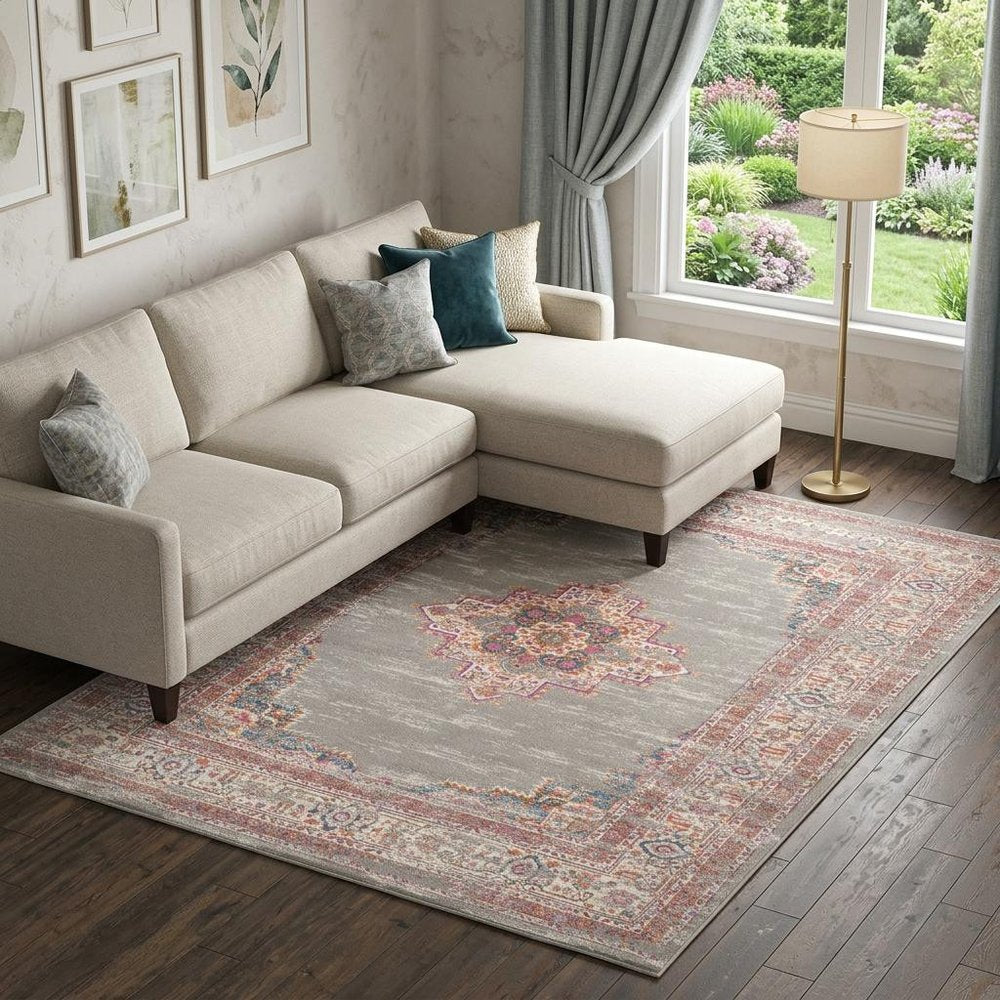 9' X 12' Gray Floral Power Loom Area Rug