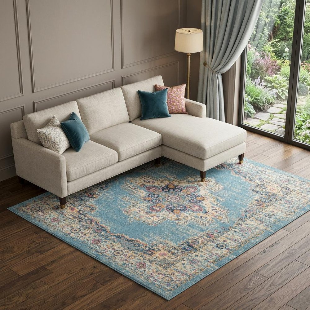 9' X 12' Light Blue Floral Power Loom Area Rug