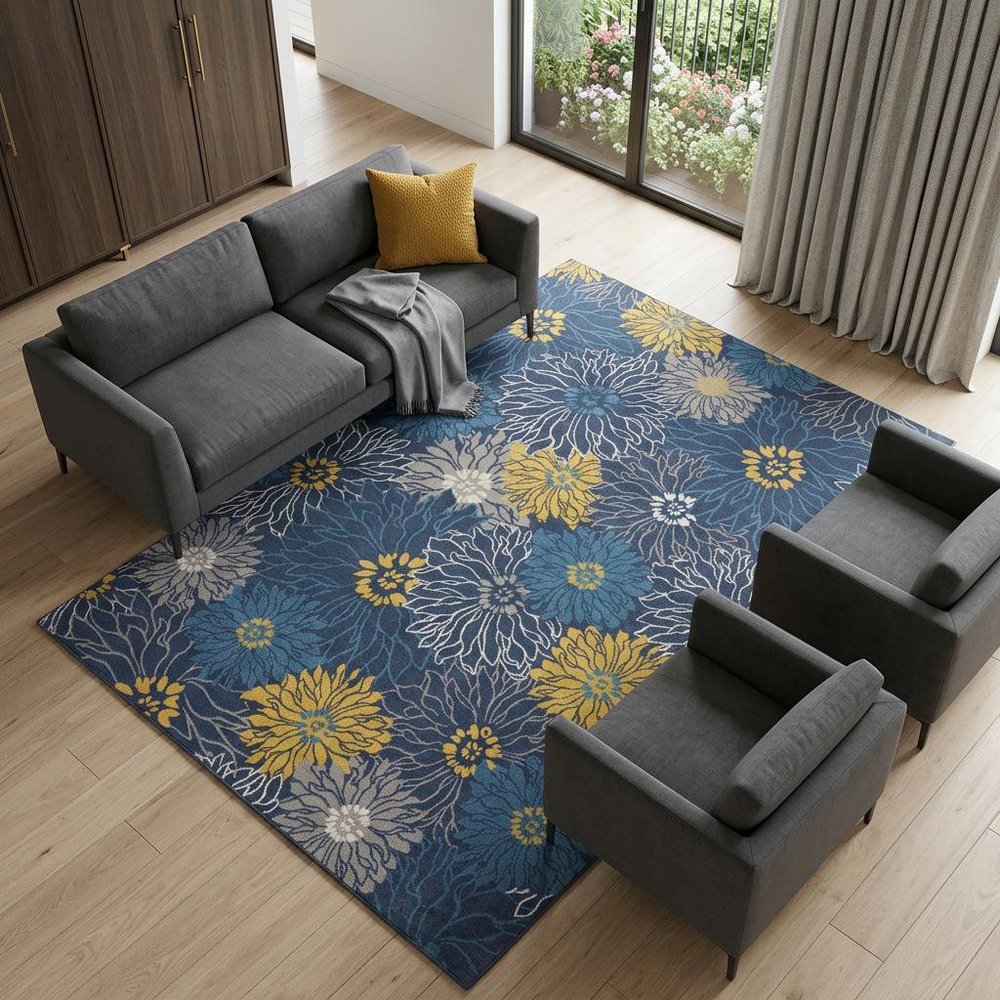 9' X 12' Navy Blue Floral Power Loom Area Rug