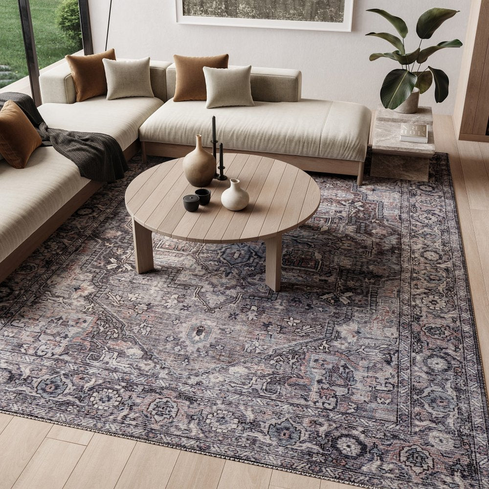 9' X 12' Gray Floral Power Loom Distressed Washable Area Rug