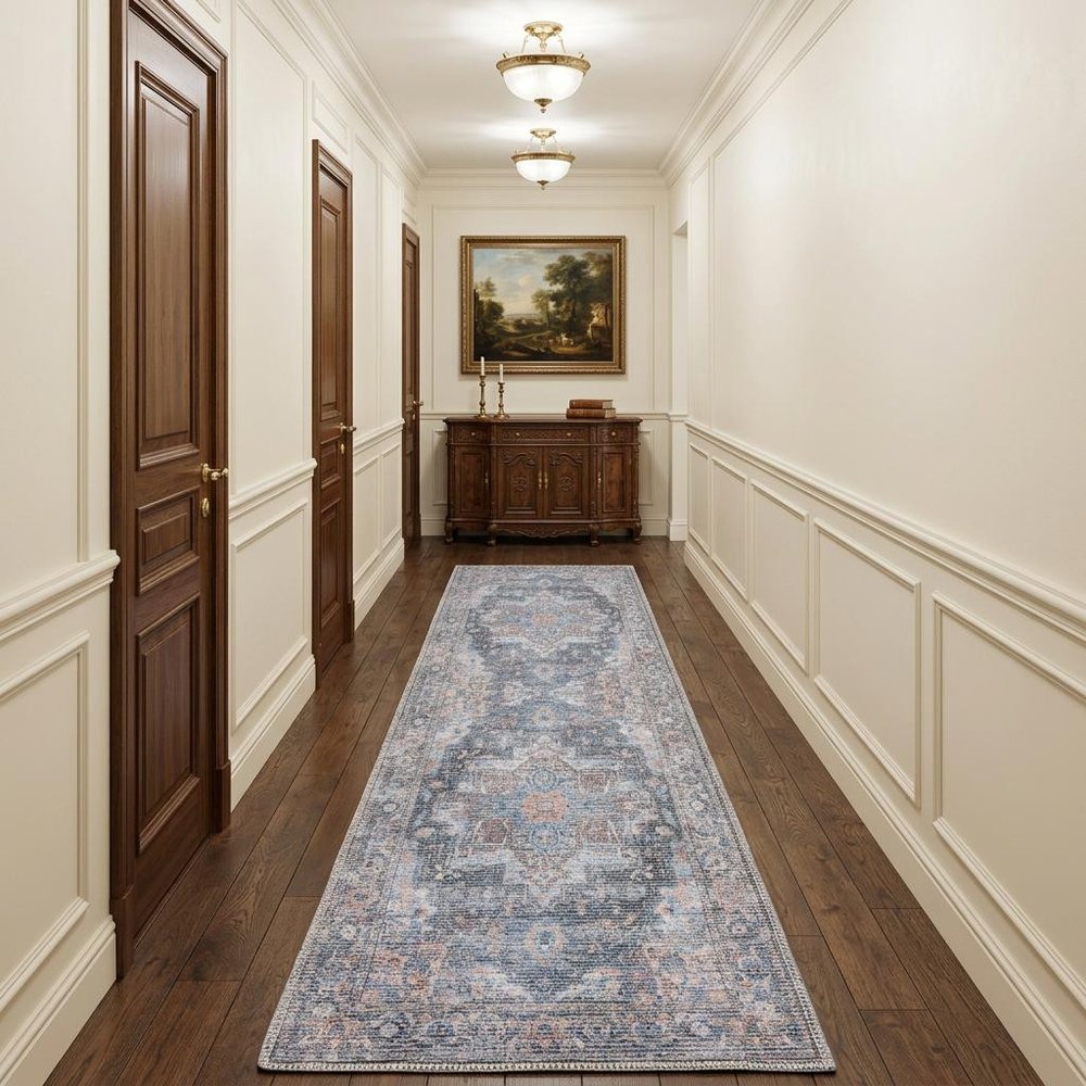10' Blue Floral Power Loom Distressed Washable Runner Rug