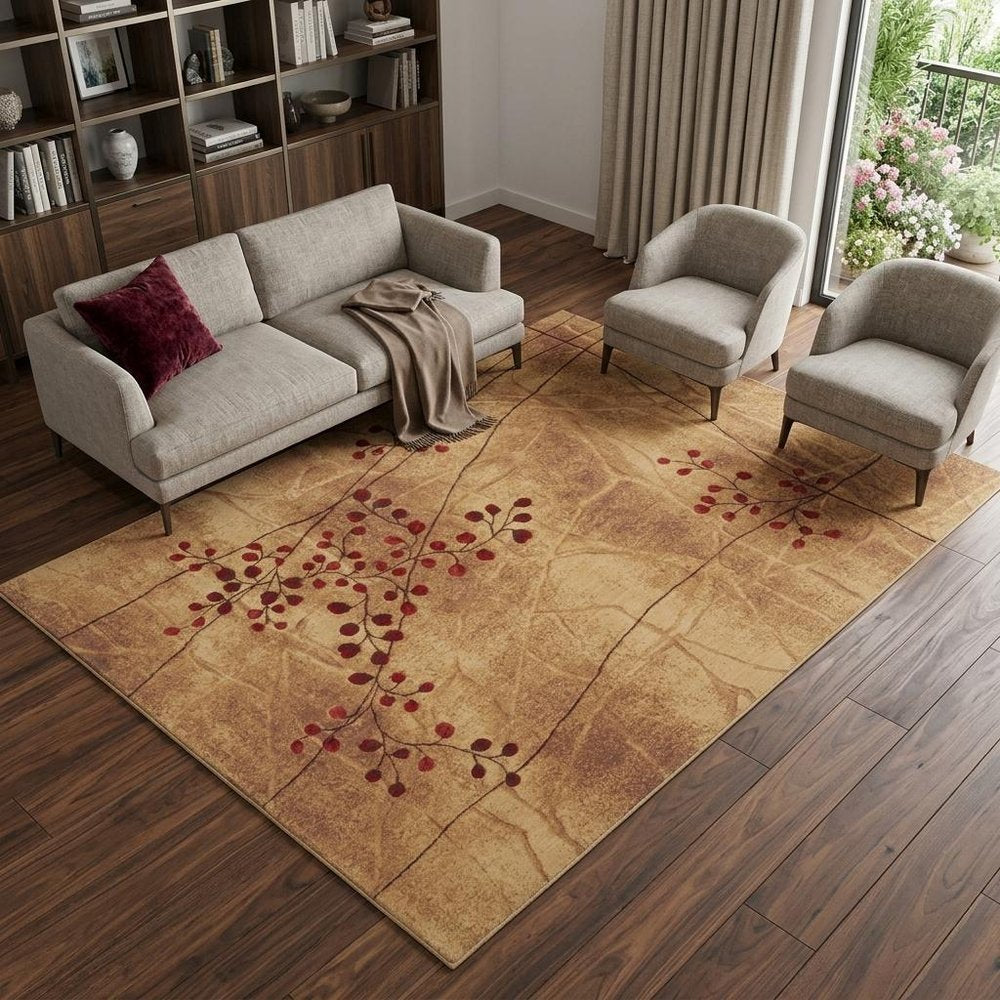 8' X 11' Brown Floral Power Loom Non Skid Area Rug