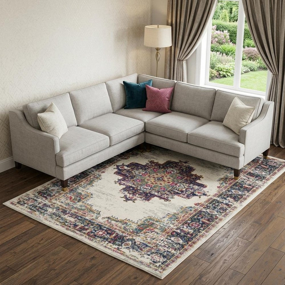 8' X 10' Cream Floral Power Loom Distressed Area Rug