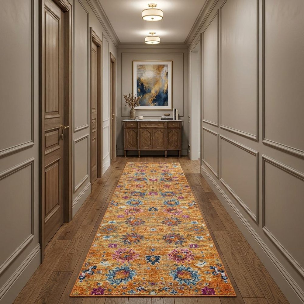10' Gold Floral Power Loom Runner Rug