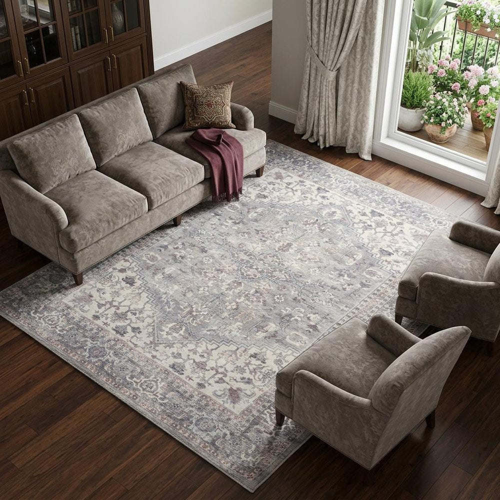 8' X 10' Gray Floral Power Loom Distressed Area Rug