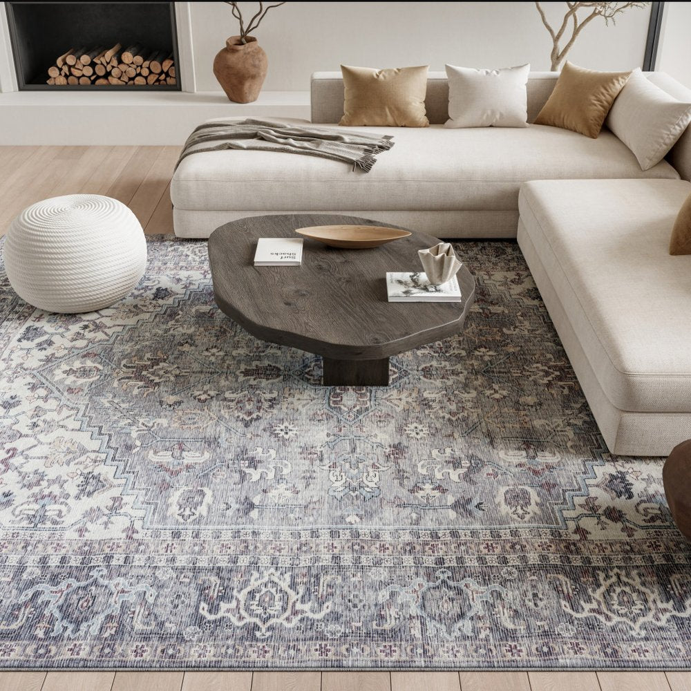 8' X 10' Gray Floral Power Loom Distressed Area Rug