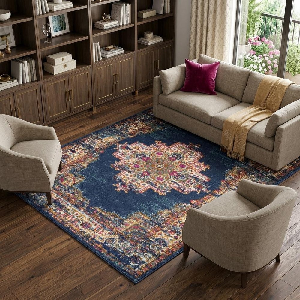 8' X 10' Navy Blue Floral Power Loom Distressed Area Rug