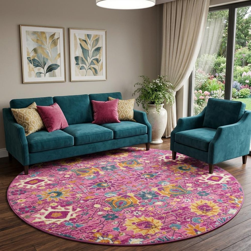 8' Pink Round Floral Power Loom Area Rug