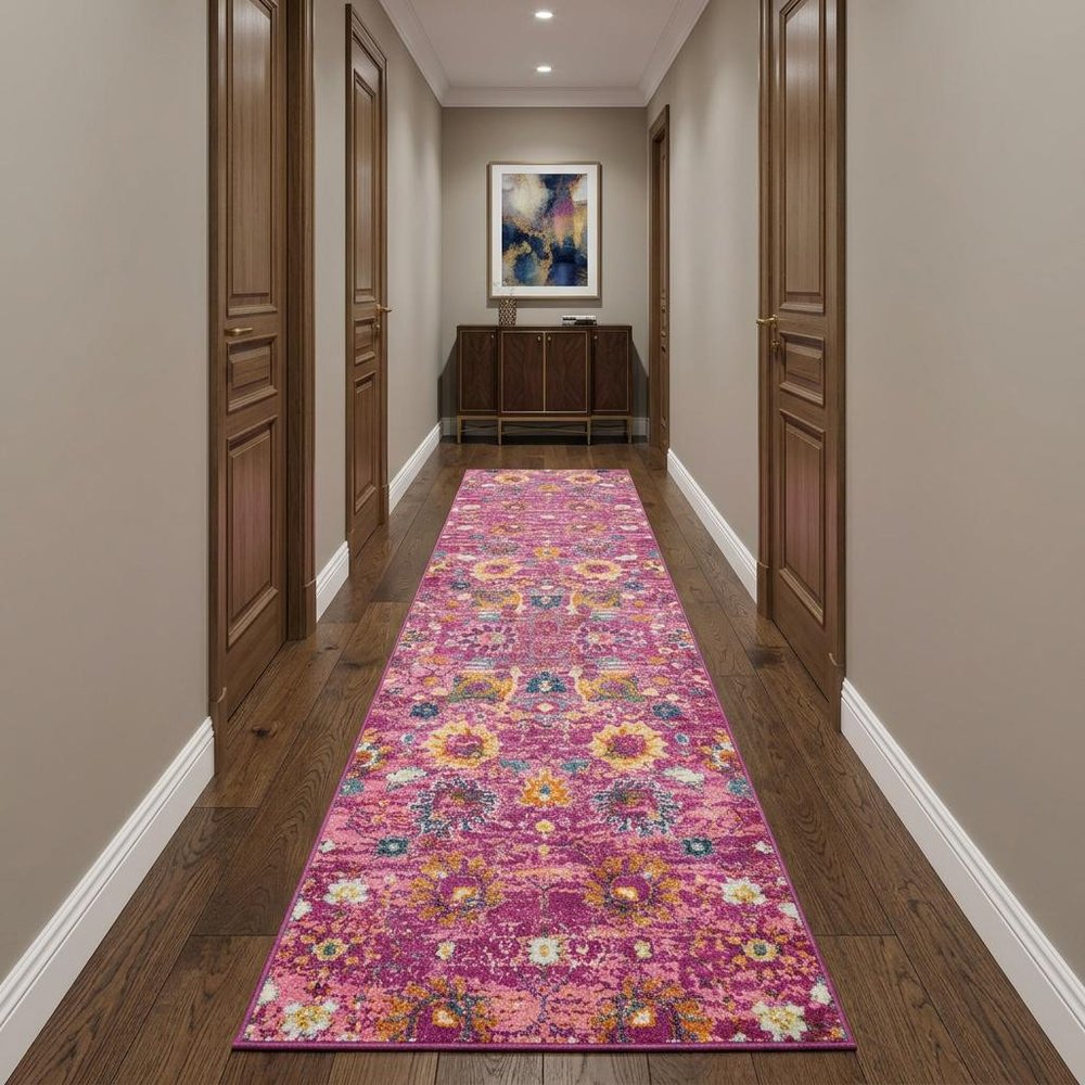 10' Pink Floral Power Loom Runner Rug