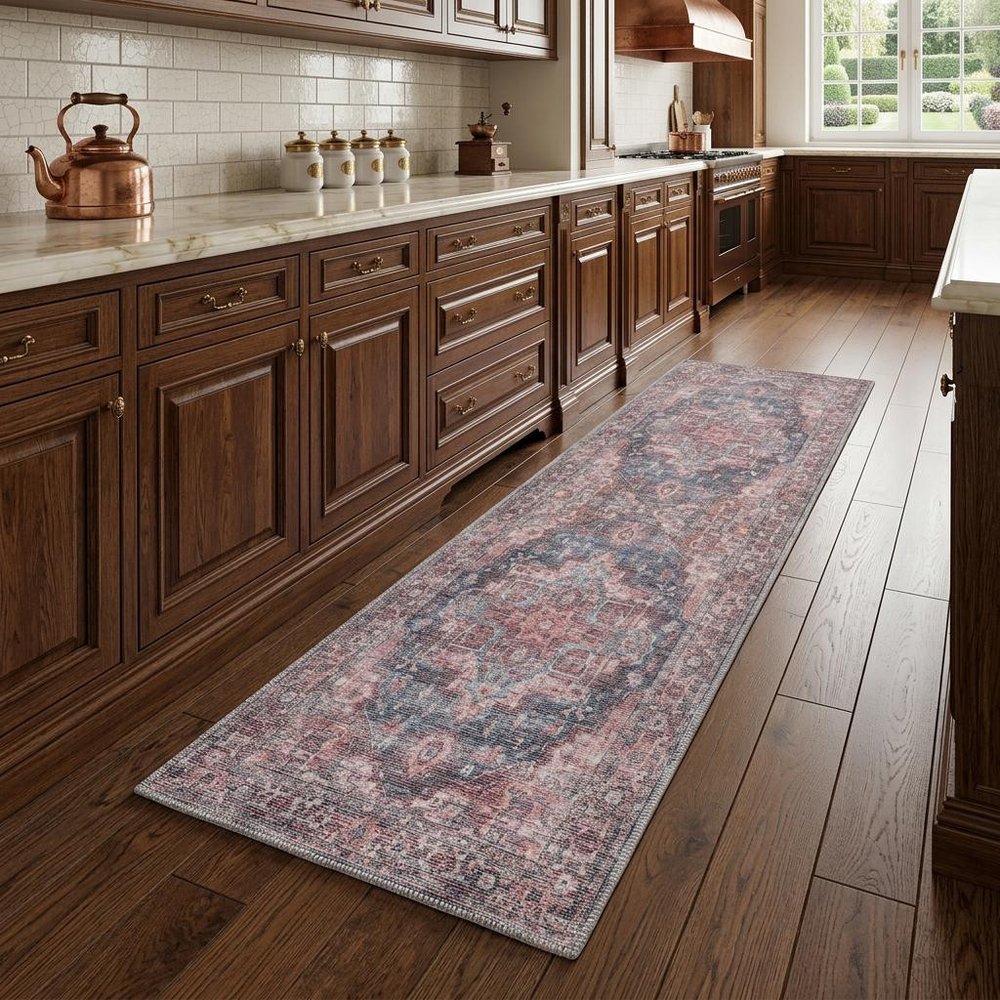 8' Red Floral Power Loom Distressed Washable Runner Rug
