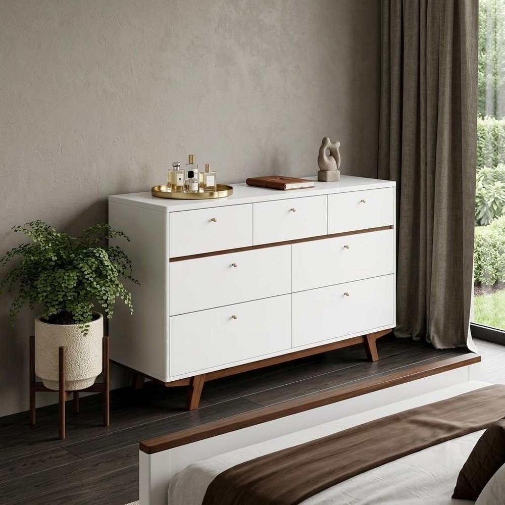 56" Brown And White Solid Wood Seven Drawer Double Dresser