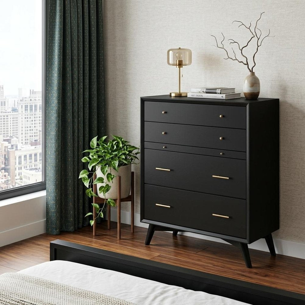 38" Black Solid Wood Four Drawer Chest