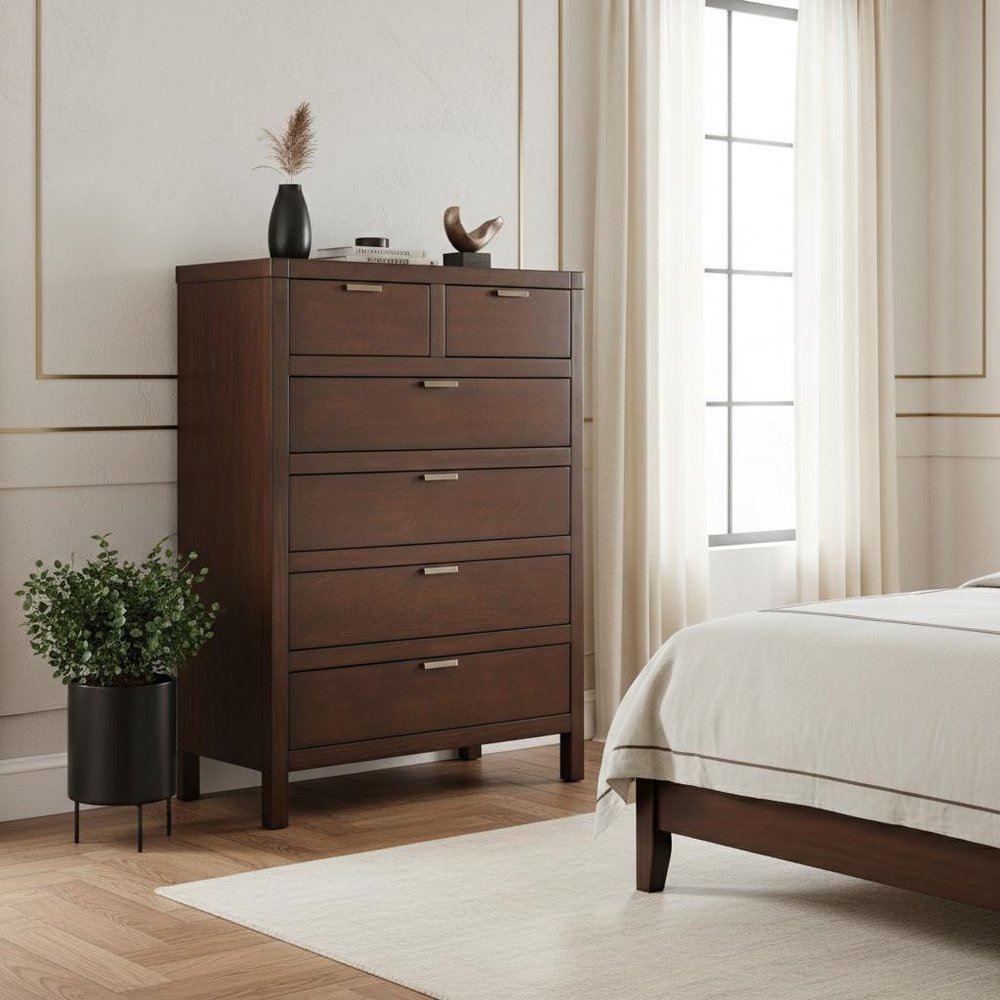 36" Brown Solid Wood Six Drawer Dresser