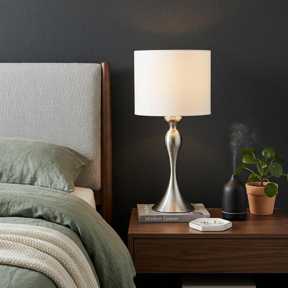 25" Silver Metal Table Lamp With Off White Drum Shade