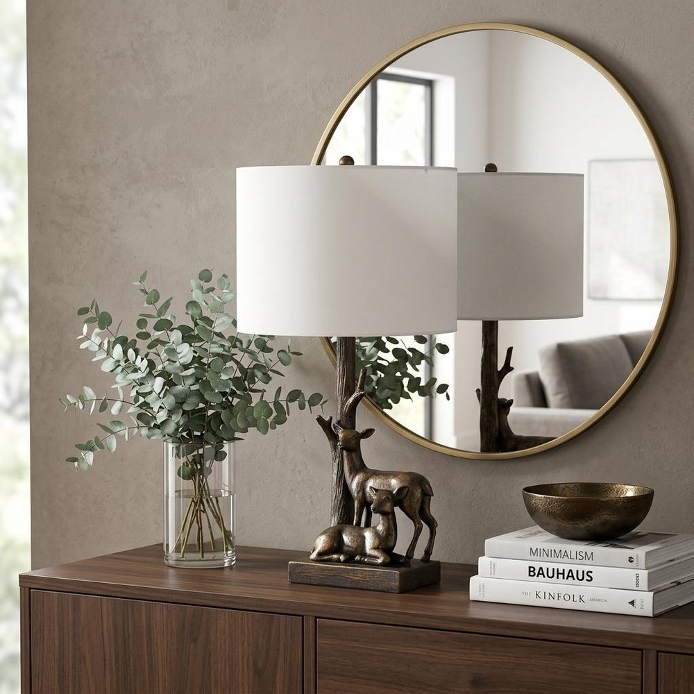 20" Bronze Mom and Baby Deer Table Lamp With White Drum Shade