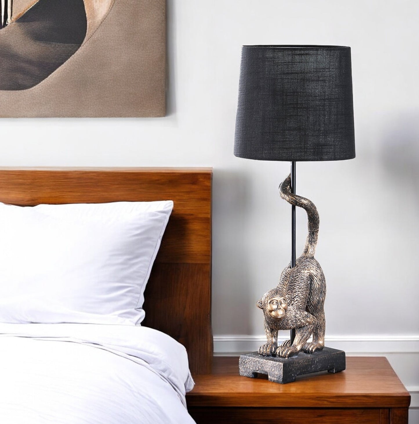 24" Antiqued Gold Monkey Table Lamp With Black Drum Shade