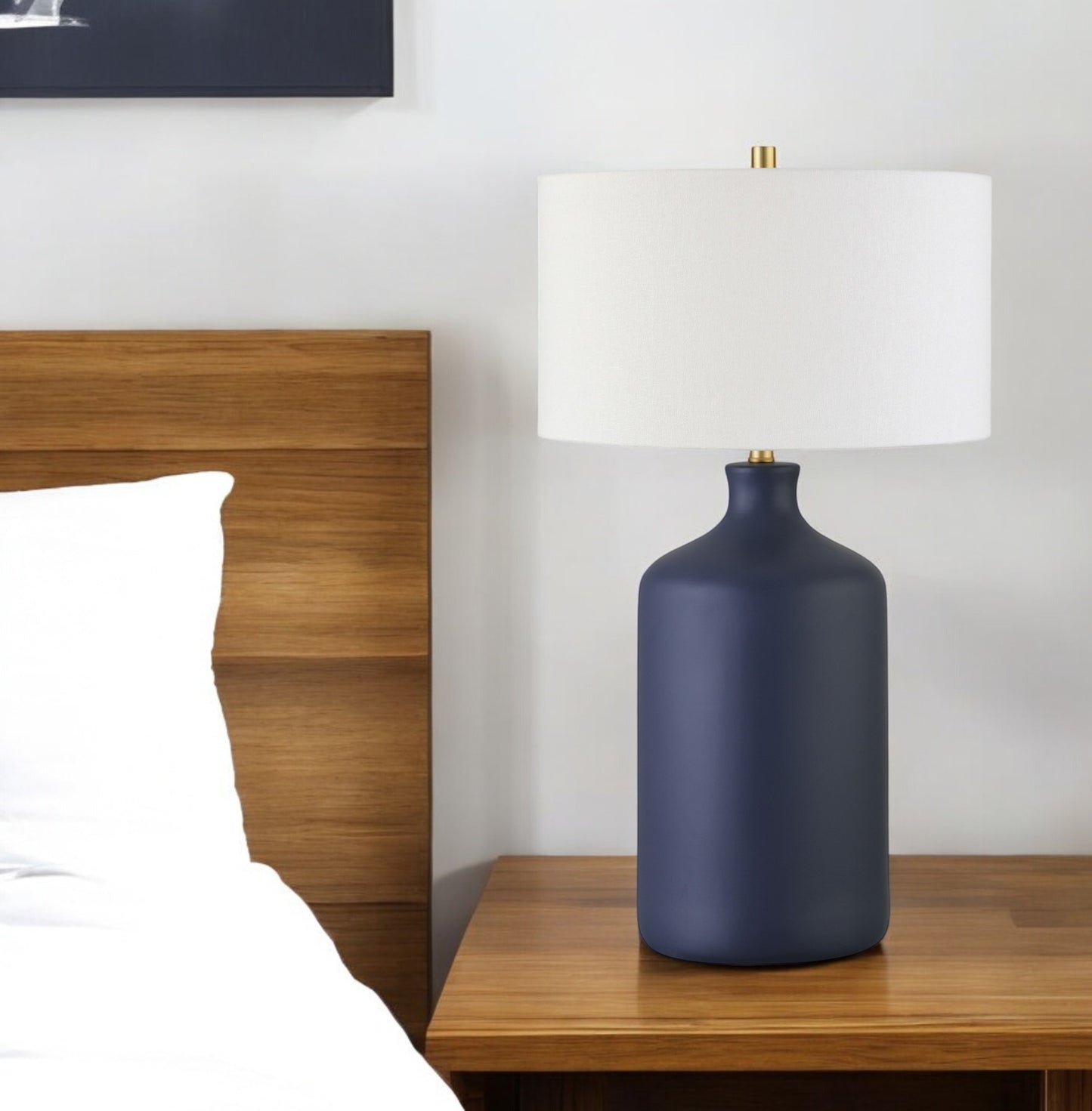 29" Navy Blue Ceramic Table Lamp With White Drum Shade