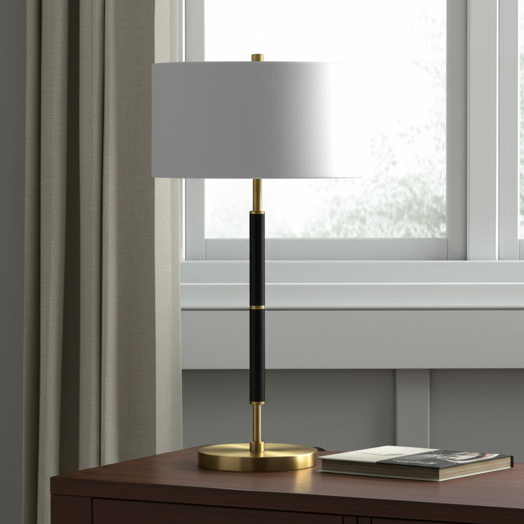 25" Black and Gold Metal Two Light Table Lamp With White Drum Shade