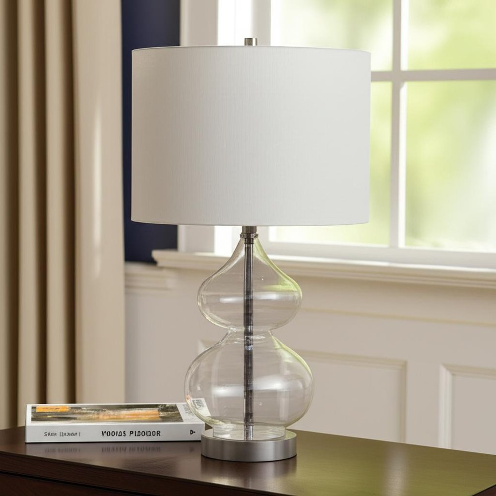 23" Clear Glass Gourd Table Lamp With White Drum Shade