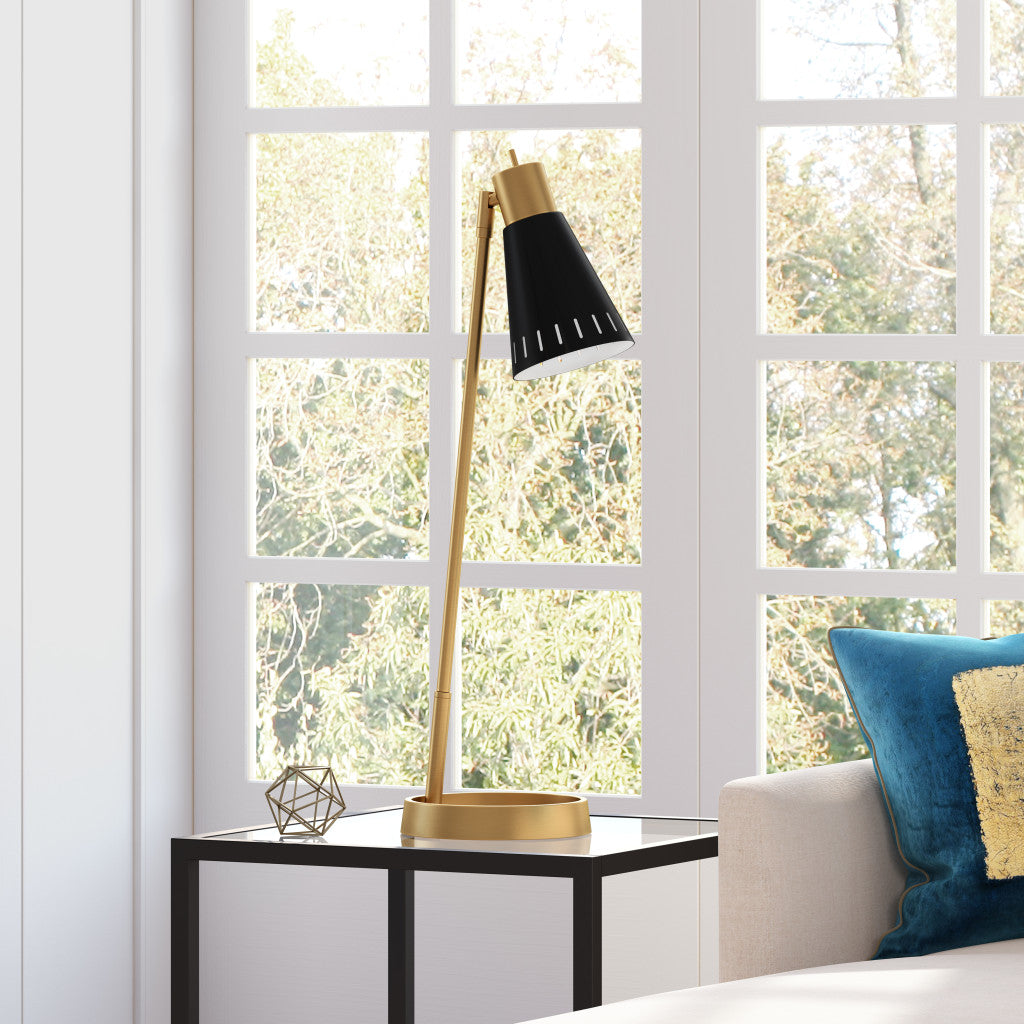 27" Brass Metal Desk Table Lamp With Black Cone Shade