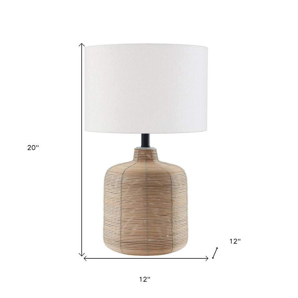 20" Natural Rattan Table Lamp With White Drum Shade