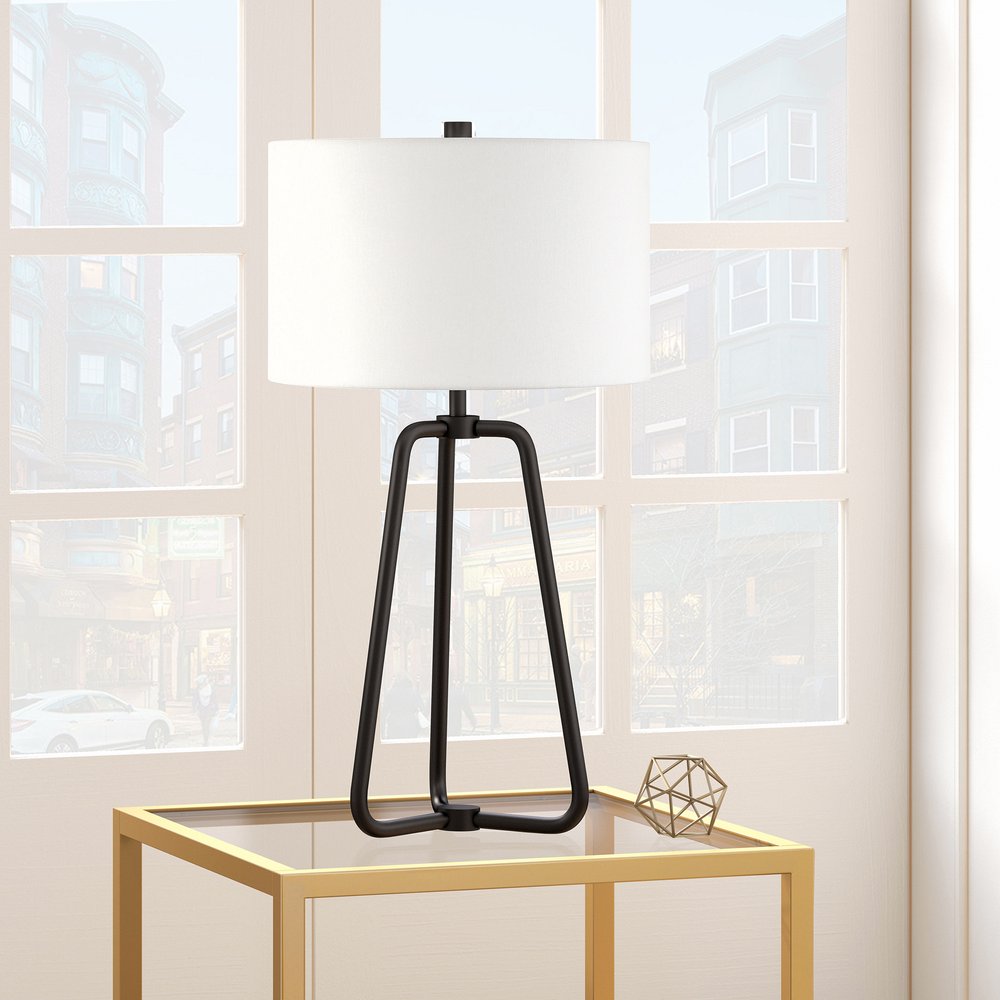 25" Black Metal Table Lamp With White Drum Shade