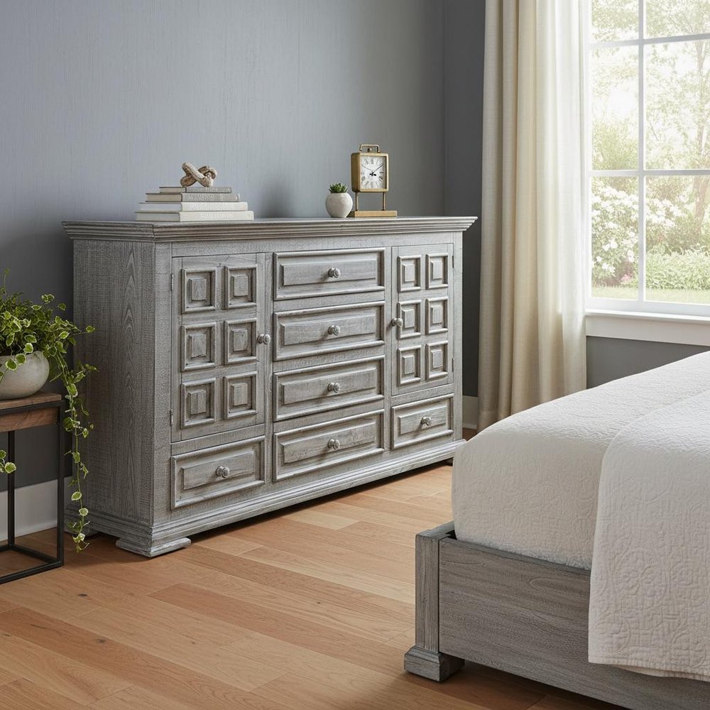 39" Gray Carved Geometric Solid Wood Two Door Six Drawer Combo Dresser
