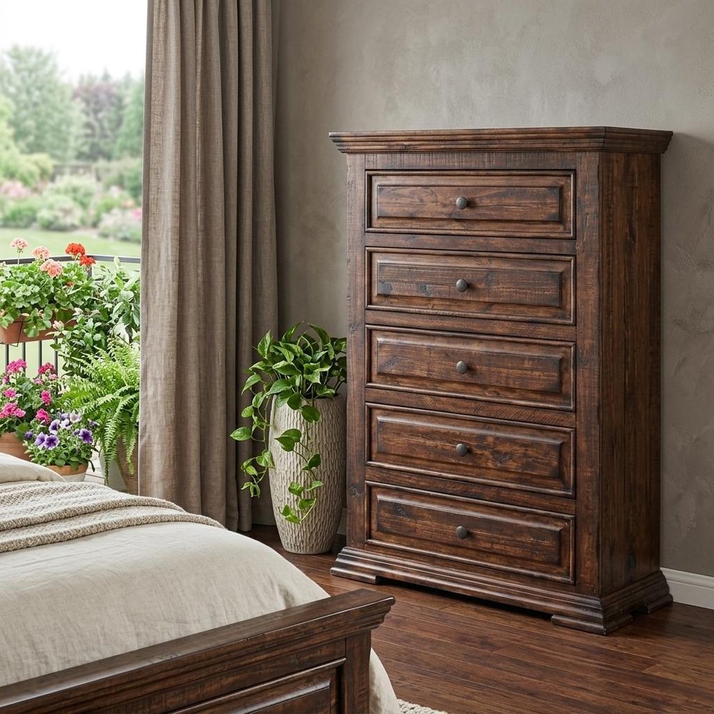 37" Chocolate Solid Wood Five Drawer Dresser