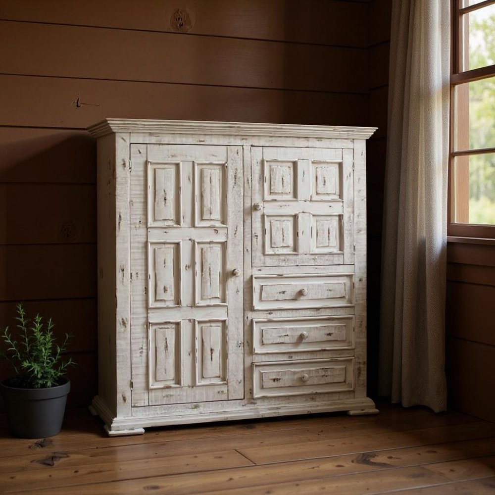 55" White Carved Geometric Solid Wood Three Drawer Gentlemens Chest