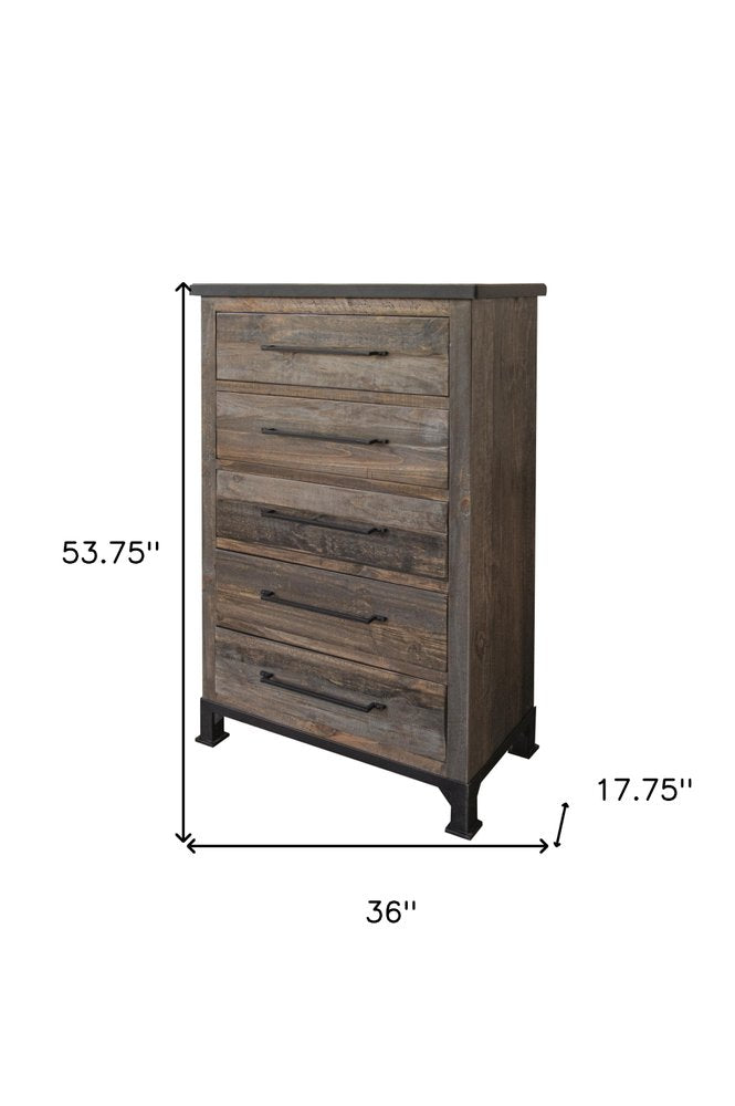 36" Gray Solid Wood Five Drawer Dresser