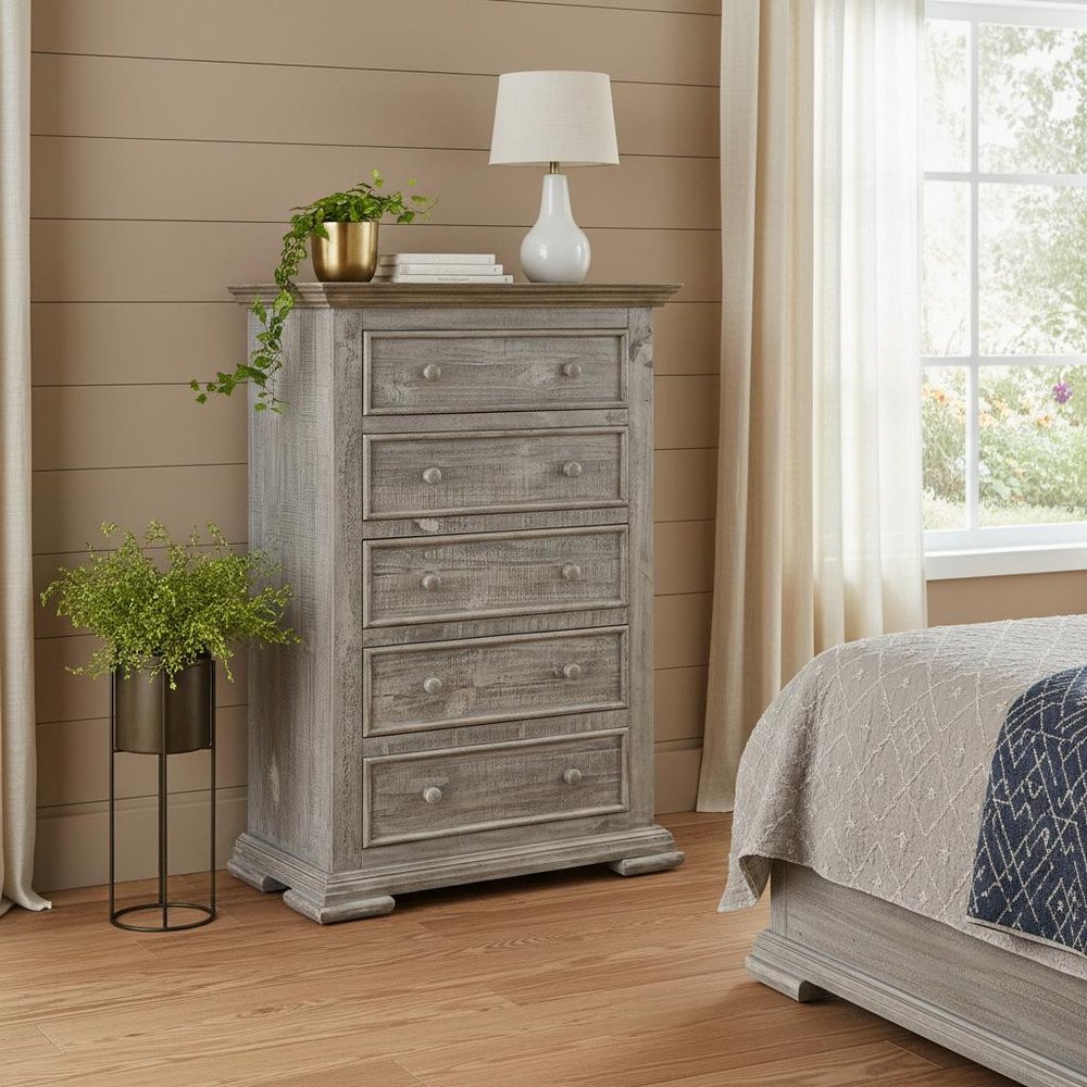 37" Gray Solid Wood Five Drawer Dresser