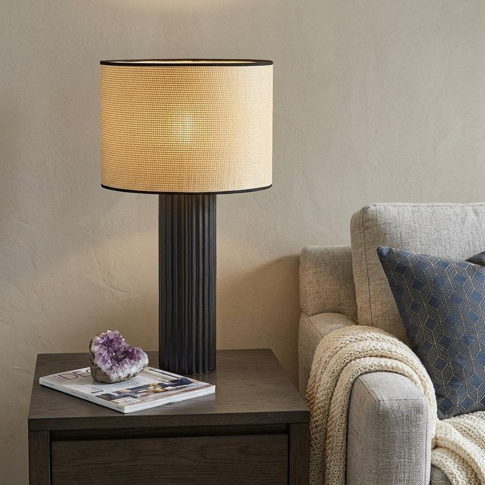 29" Black Ceramic Cylinder Table Lamp With Beige Drum Shade