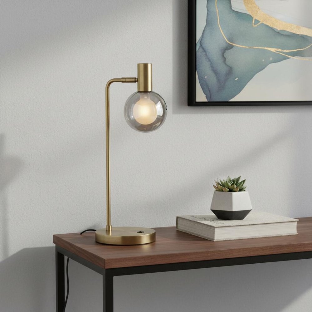 18" Antiqued Brass Metal Cylinder Desk Table Lamp With Gray Globe Shade With Starling LED Bulb