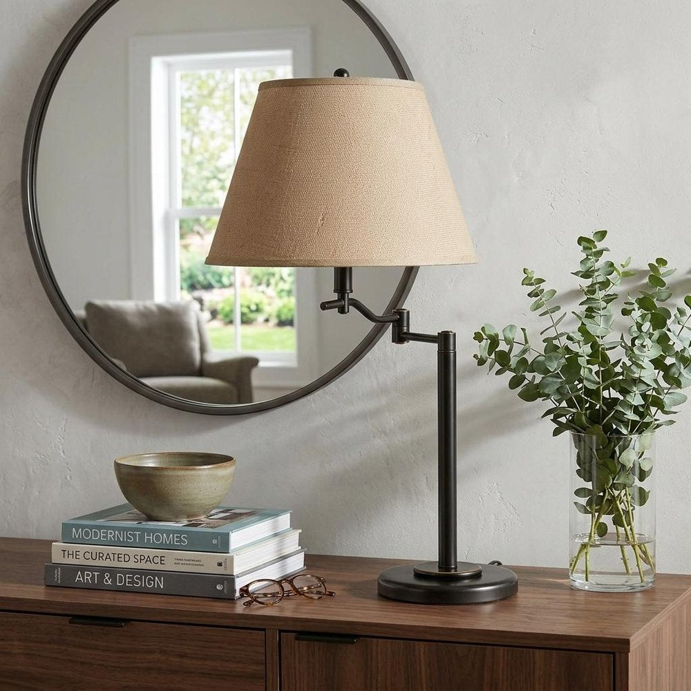 29" Bronze Metal Swing Arm Table Lamp With Off White Empire Shade