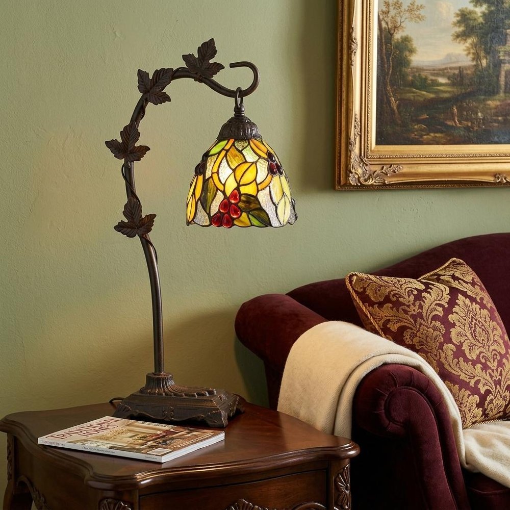 24" Bronze Metal Tiffany Style Table Lamp With Hanging Stained Glass Shade