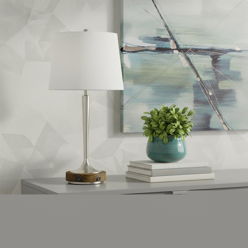 29" Nickel Metal Usb Table Lamp With Off White Empire Shade