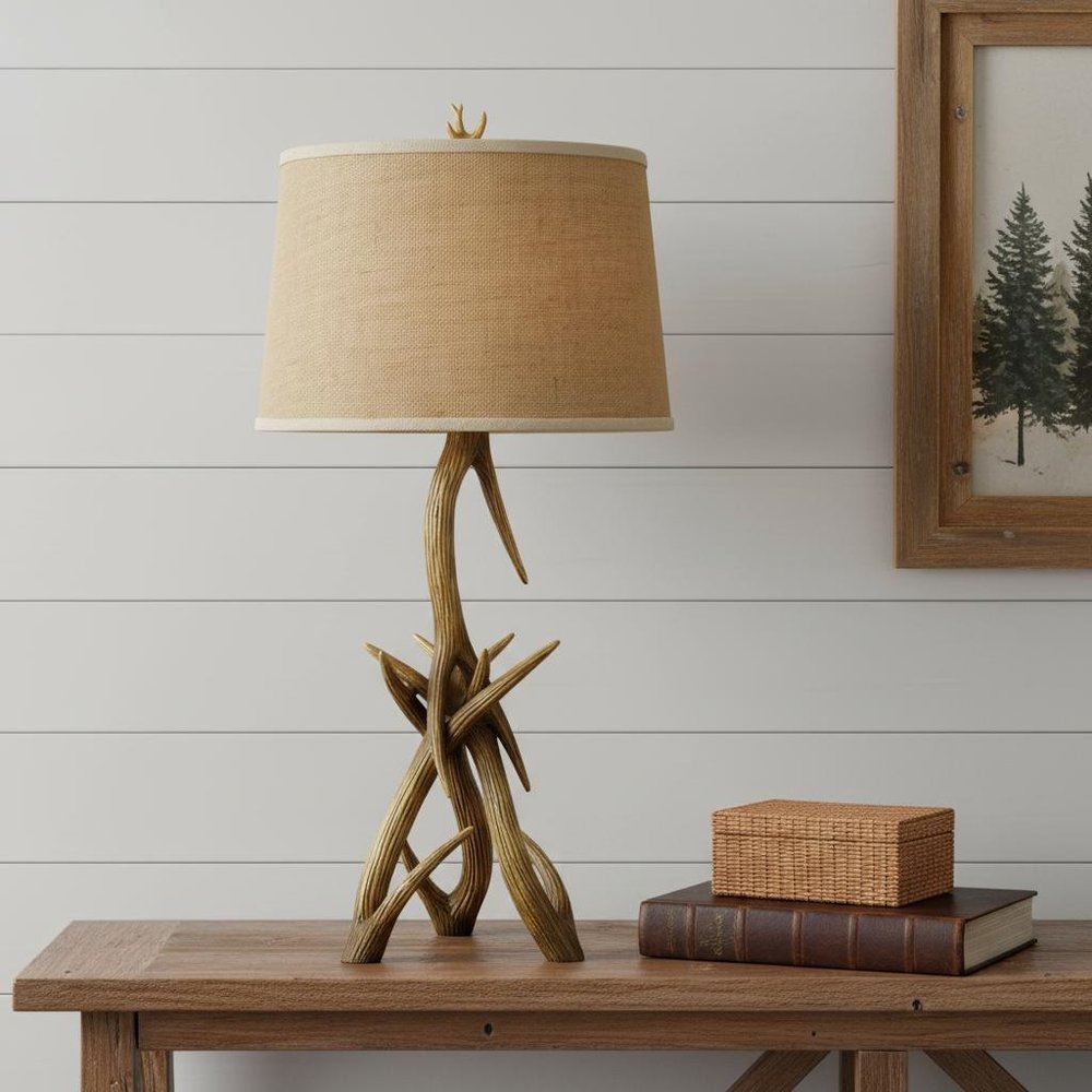 33" Brown Antlers Table Lamp With Brown Empire Shade