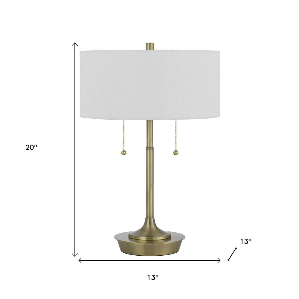 20" Antiqued Brass Metal Two Light Table Lamp With White Drum Shade