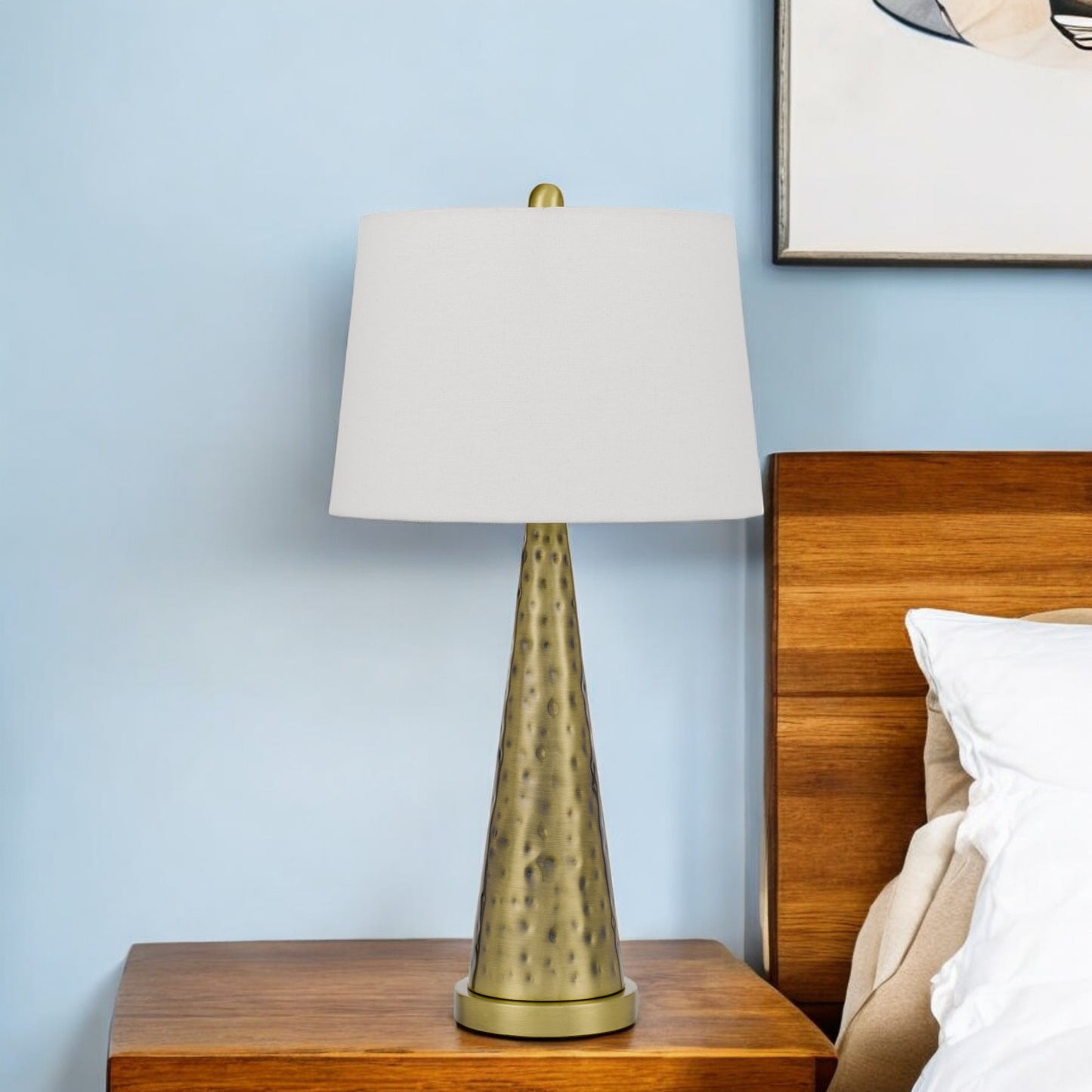27" Antiqued Brass Metal Geometric Table Lamp With White Empire Shade