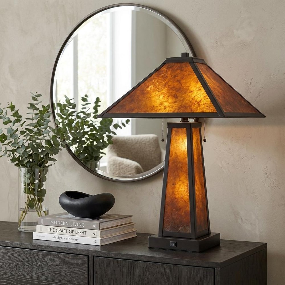 24" Burnt Orange Metal Two Light Table Lamp With Amber Square Shade
