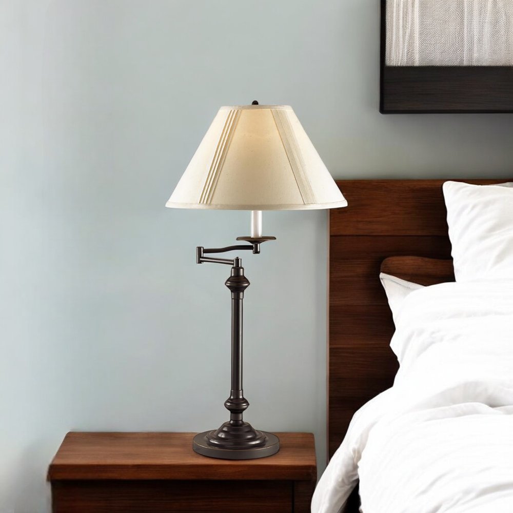 30" Antiqued Bronze Metal Swing Arm Table Lamp With Off White Empire Shade