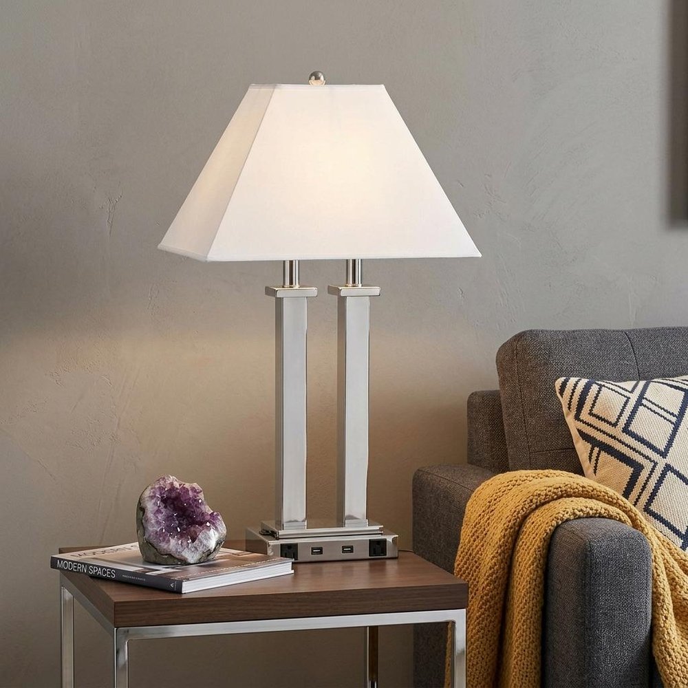 26" Nickel Metal Two Light Desk USB Table Lamp With White Novelty Shade