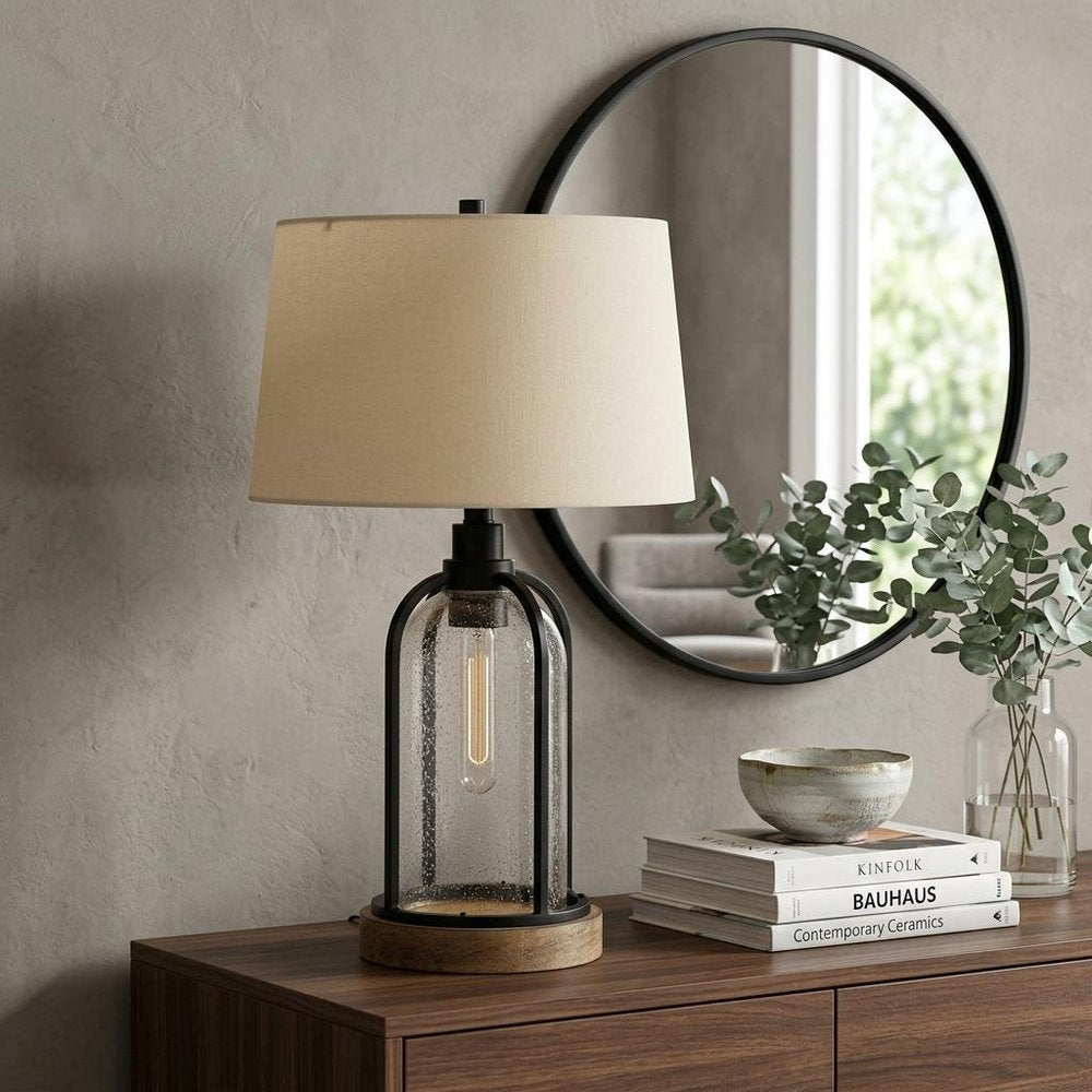27" Brown Metal Two Light Globe Table Lamp With Eggshell Empire Shade