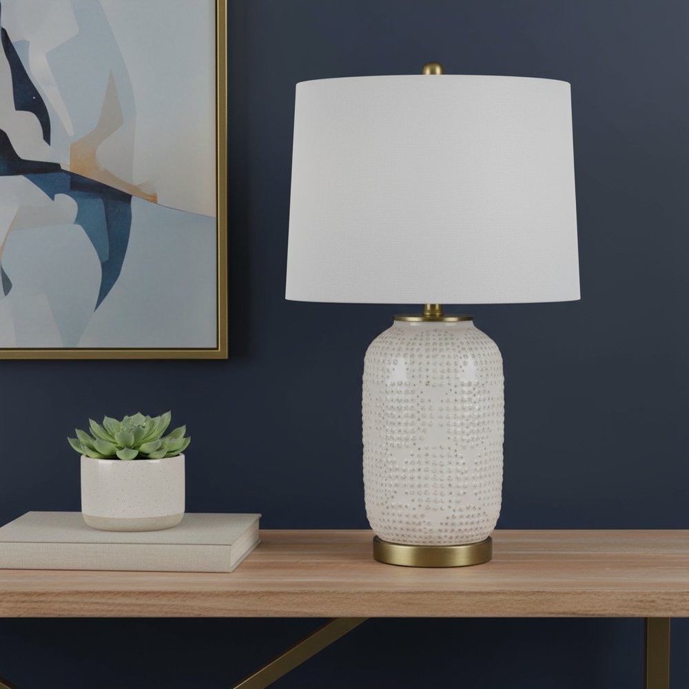 24" Ivory Metal Table Lamp With White Drum Shade