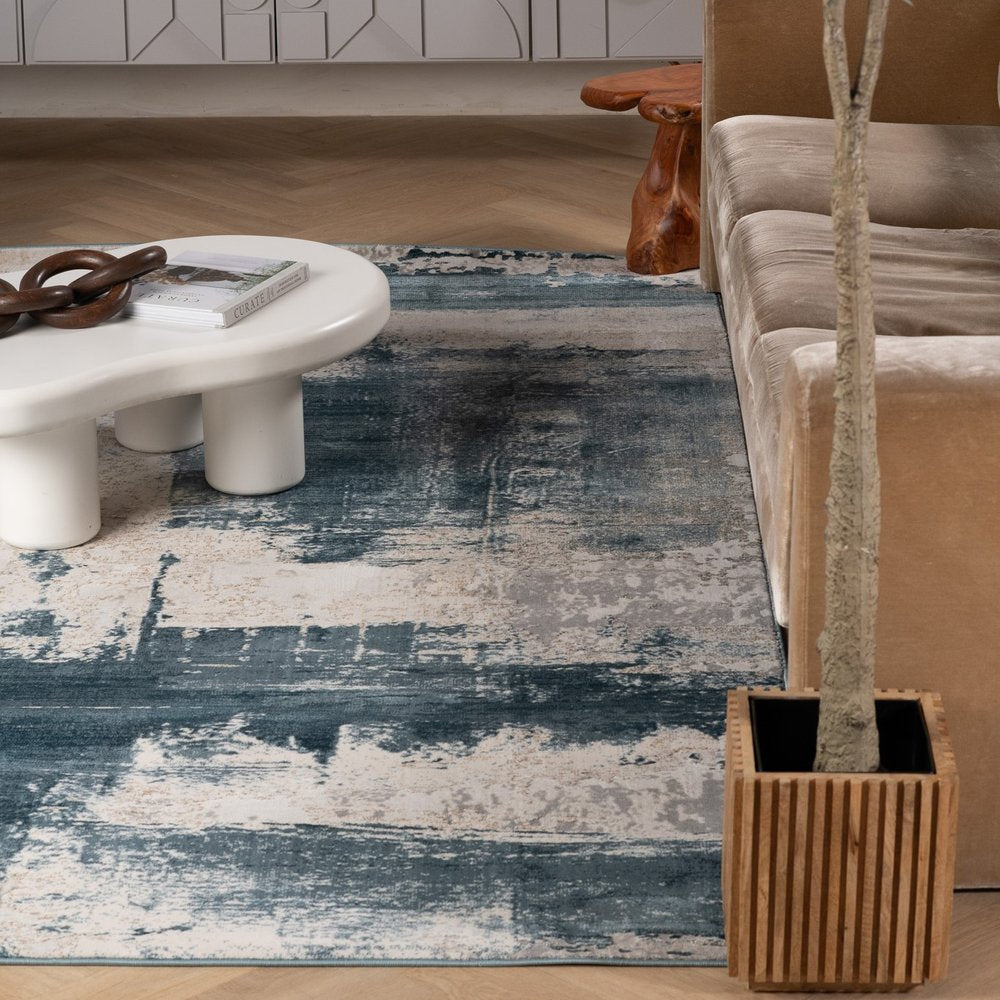 4' X 6' Blue And Beige Abstract Washable Non Skid Area Rug