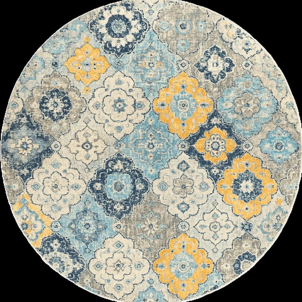 5' Blue and Gray Round Geometric Washable Non Skid Area Rug
