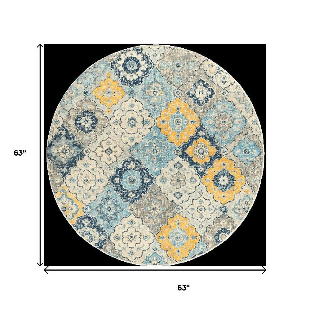 5' Blue and Gray Round Geometric Washable Non Skid Area Rug